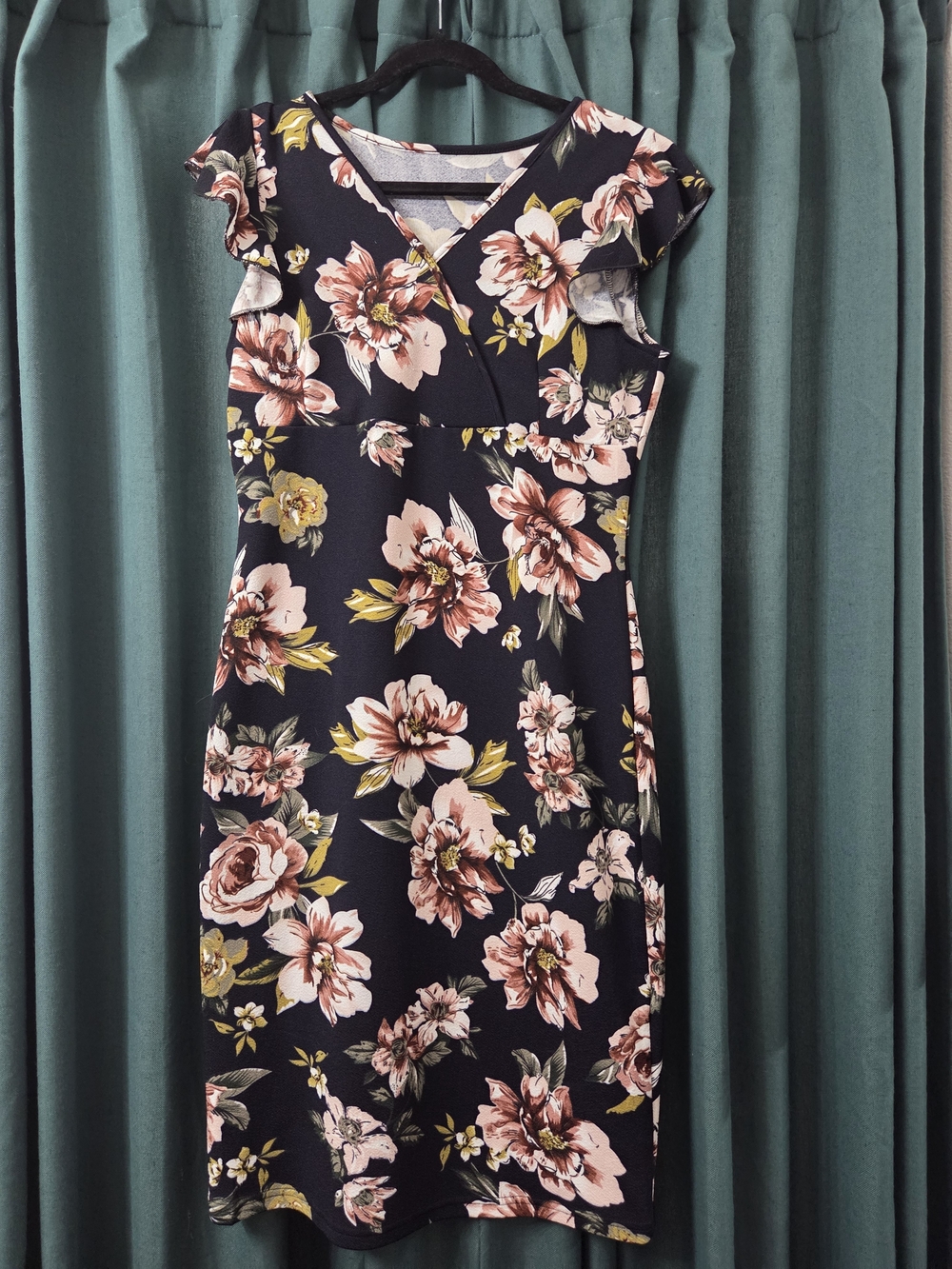 Floral V-Neck Cap Sleeve Dress - Black with Pink Floral